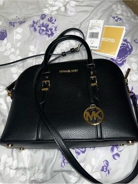 Michael Kors Black Pebbled Leather Satchel with Gold MK Charm